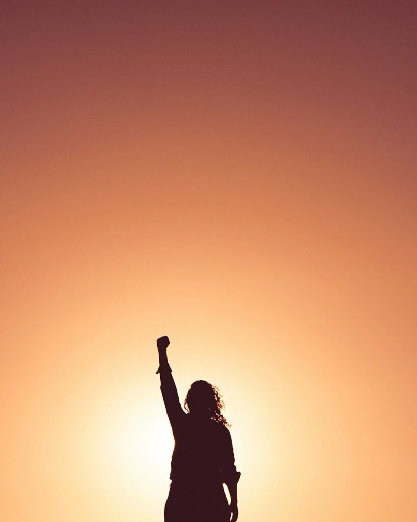 silhouette of person holding fist up
